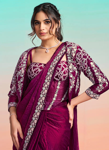 Maroon Satin Silk Embroidery Work Festival Wear Readymade Saree SW803651