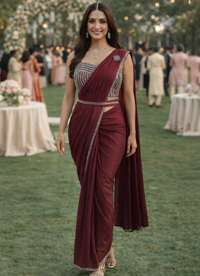 Maroon Satin Silk Embroidery Work Occasional Wear Readymade Saree SW241536