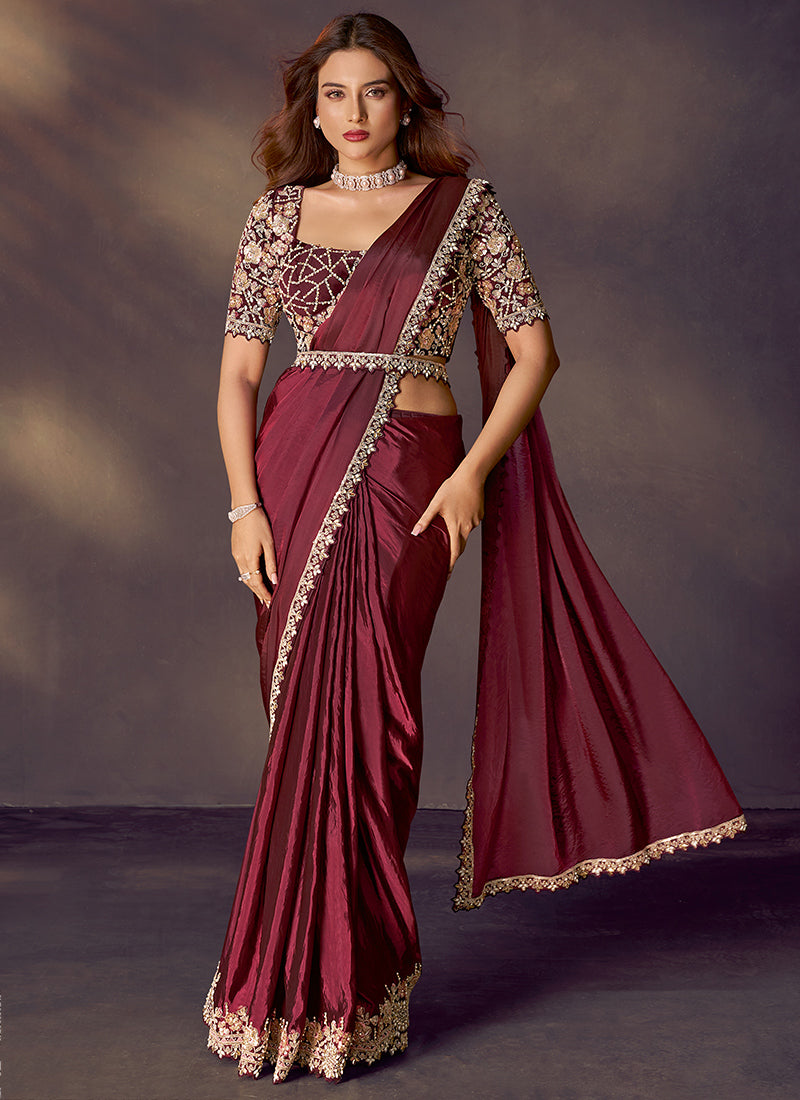 Satin Silk Maroon Wedding Wear Sequins Embroidery Ready To Wear Saree 386140
