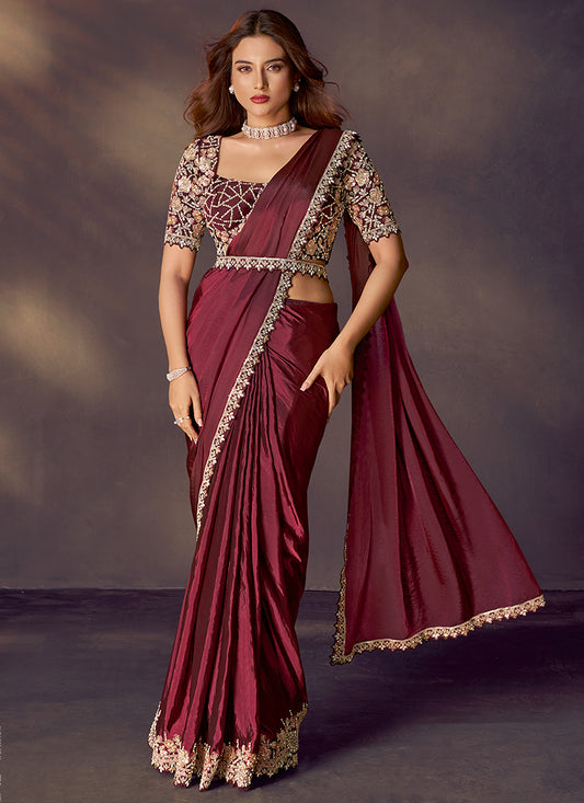 Satin Silk Maroon Wedding Wear Sequins Embroidery Ready To Wear Saree 386140