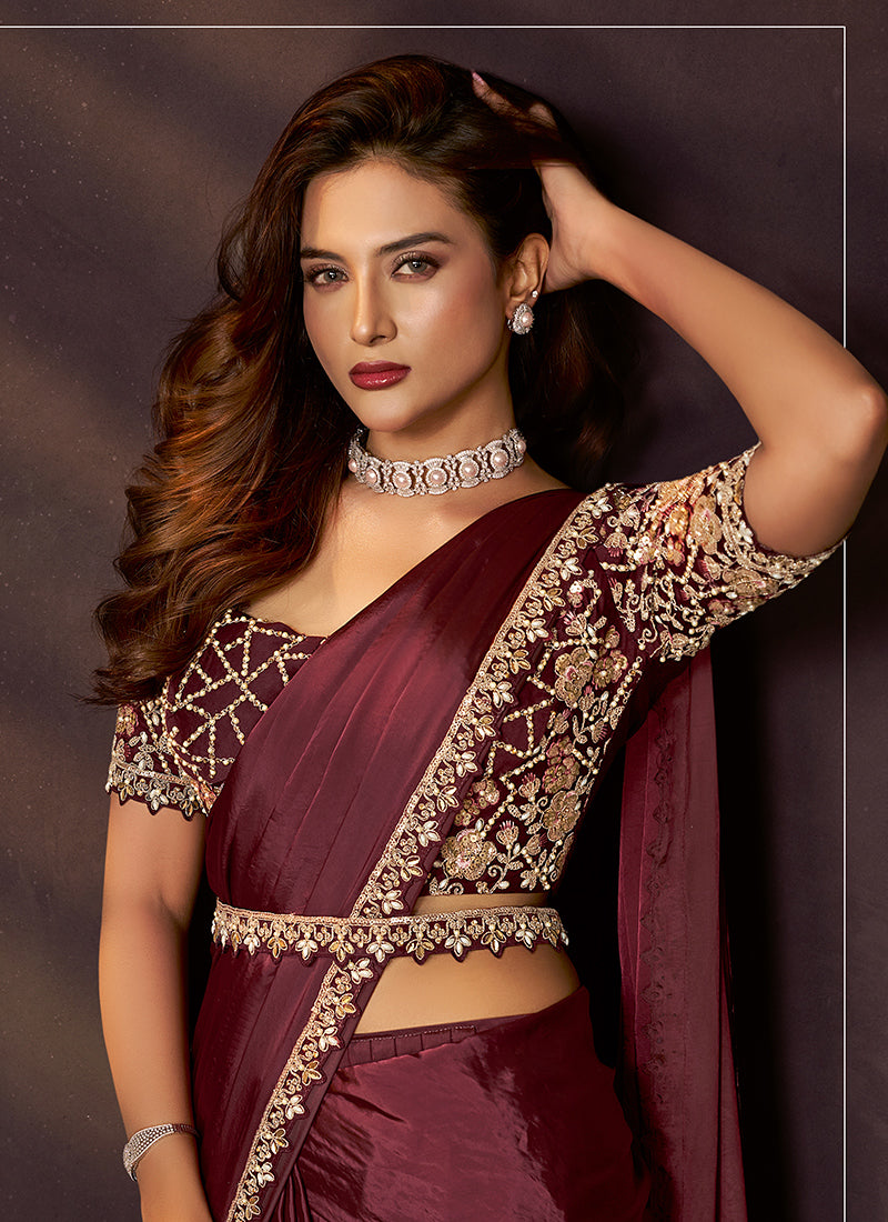 Satin Silk Maroon Wedding Wear Sequins Embroidery Ready To Wear Saree 386140