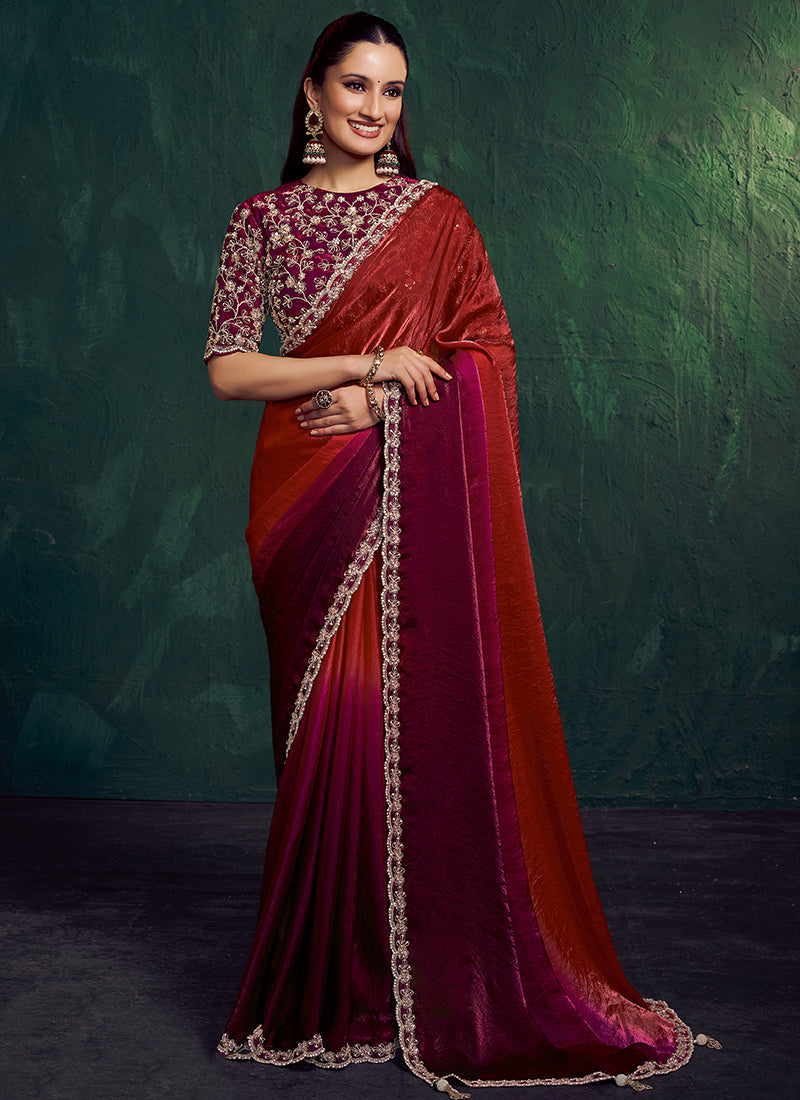 Maroon Satin Embroidery Work Wedding Wear Saree SW526085