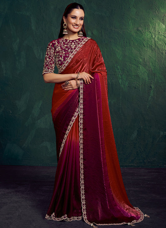 Maroon Satin Embroidery Work Wedding Wear Saree SW526085