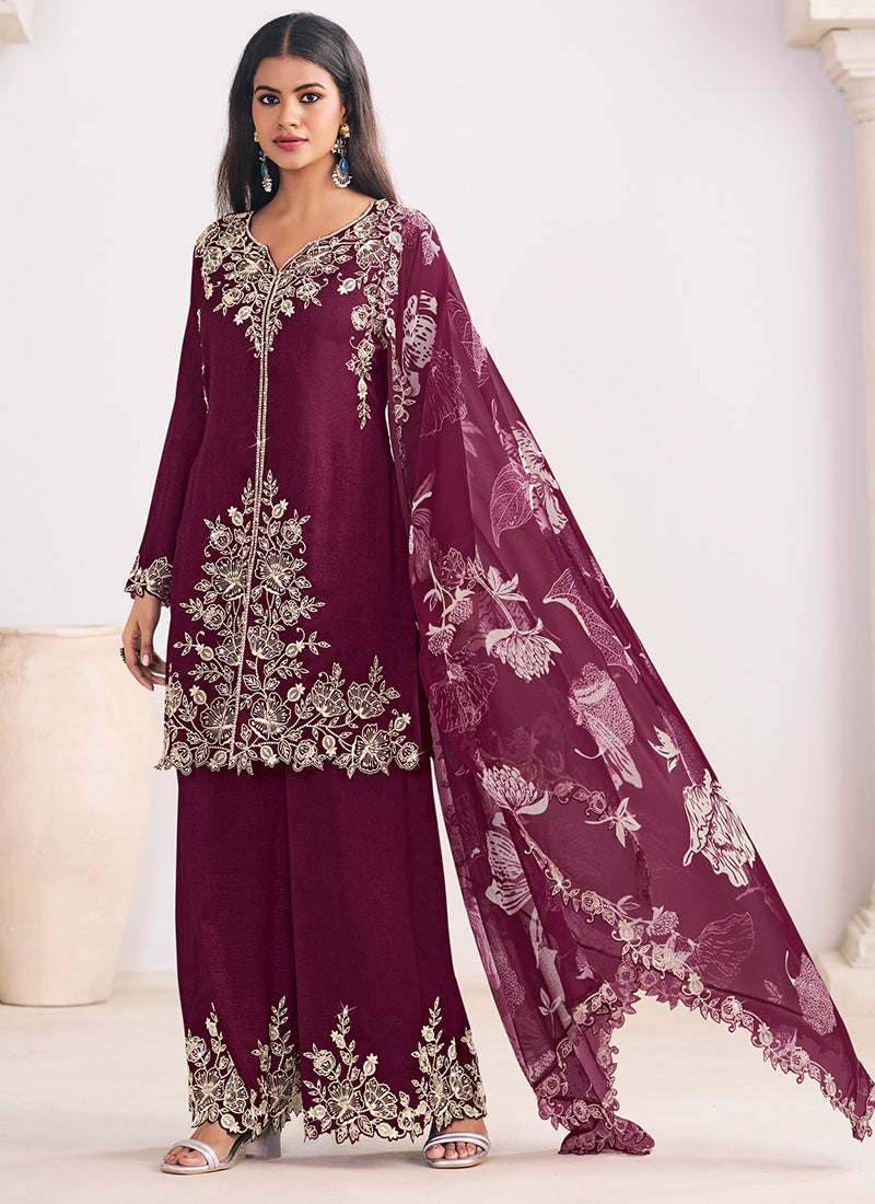 Silk Wine Wedding Wear Embroidery Work Readymade Plazzo Suit 385165