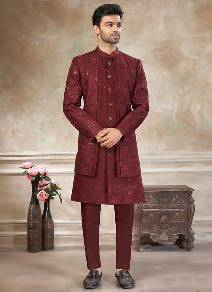 Silk Maroon Party Wear Embroidery Work Readymade Indo Western Suit 386320