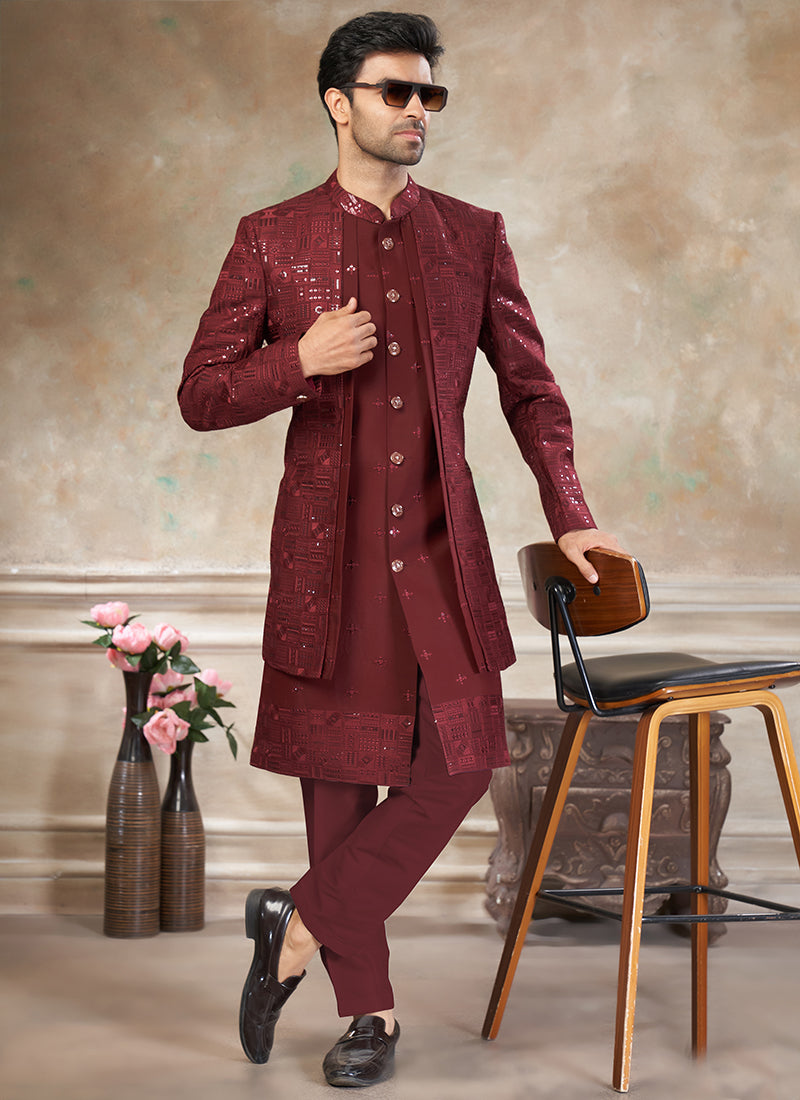 Silk Maroon Party Wear Embroidery Work Readymade Indo Western Suit 386320