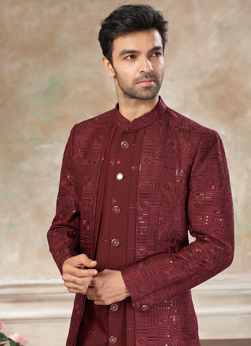 Silk Maroon Party Wear Embroidery Work Readymade Indo Western Suit 386320