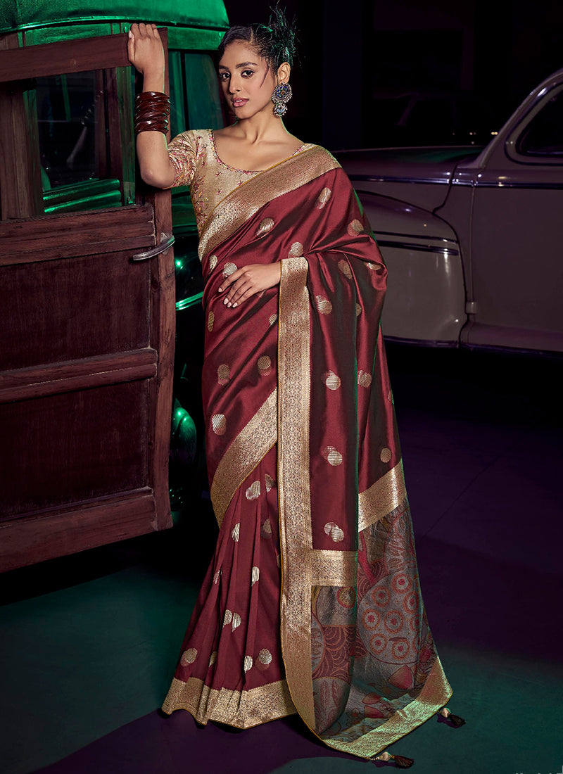 Silk Maroon Saree with Embroidery Work for Party Wear 383029