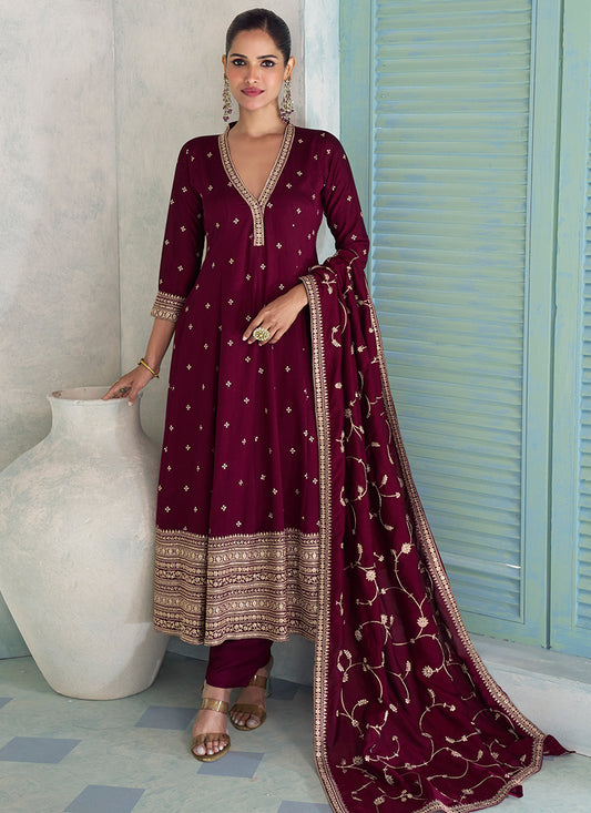 Silk Maroon Wedding Wear Embroidery Work Readymade Anarkali Suit 385174