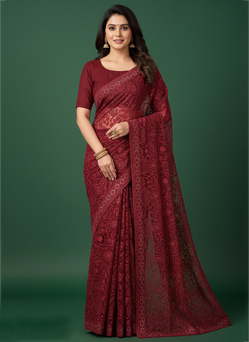 Tissue Silk Maroon Saree with Thread Embroidery Work for Wedding Wear 384477