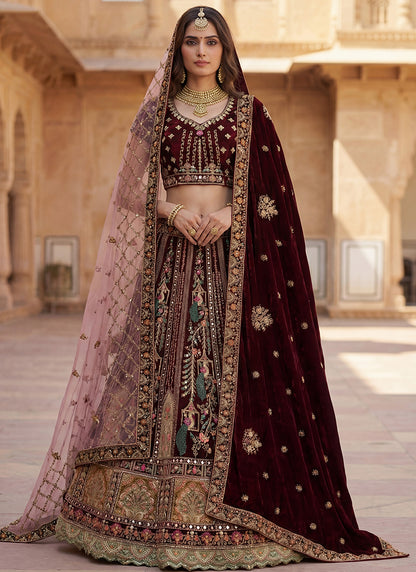 Maroon Velvet Embroidery Work Bridal Wear Bridal Lehenga Choli SW389983