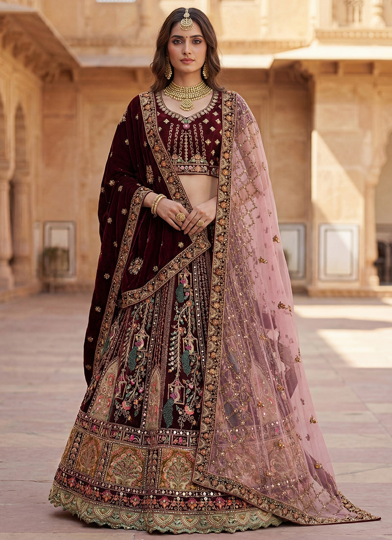 Maroon Velvet Embroidery Work Bridal Wear Bridal Lehenga Choli SW389983