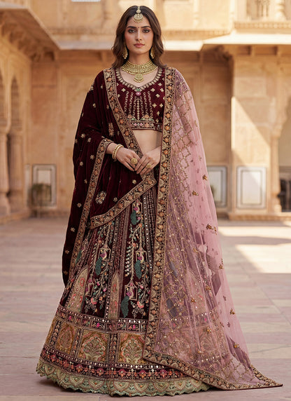 Maroon Velvet Embroidery Work Bridal Wear Bridal Lehenga Choli SW389983