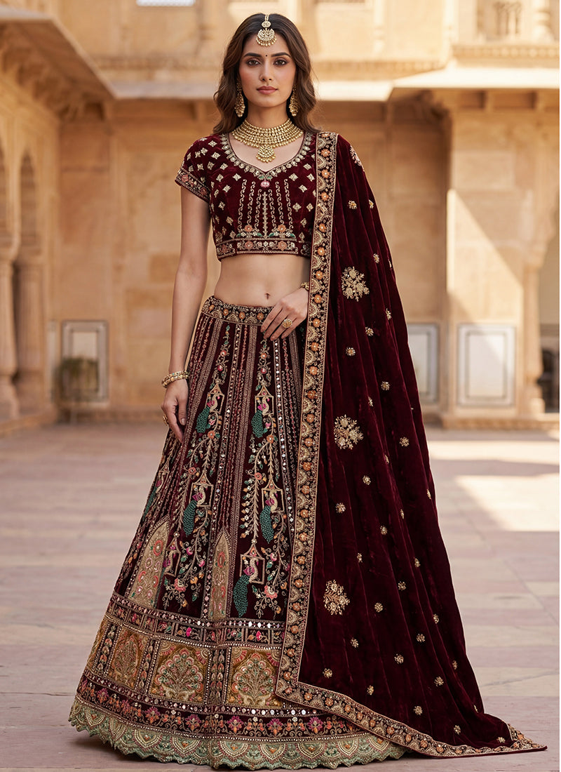 Maroon Velvet Embroidery Work Bridal Wear Bridal Lehenga Choli SW389983