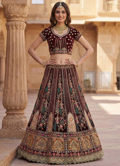 Maroon Velvet Embroidery Work Bridal Wear Bridal Lehenga Choli SW389983