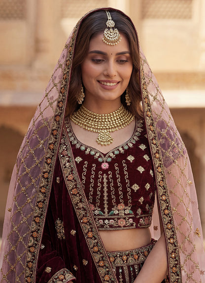 Maroon Velvet Embroidery Work Bridal Wear Bridal Lehenga Choli SW389983