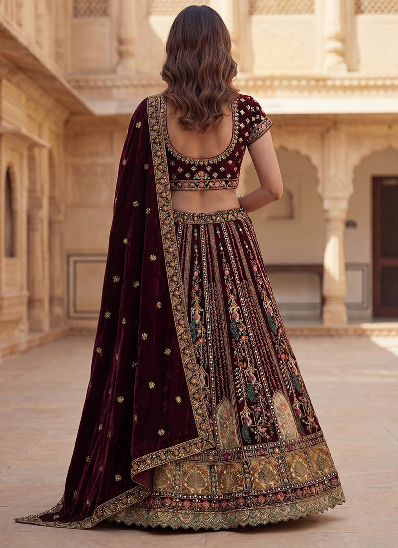 Maroon Velvet Embroidery Work Bridal Wear Bridal Lehenga Choli SW389983