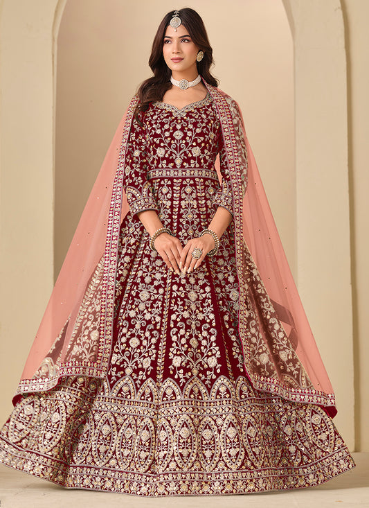 Maroon Velvet Embroidery Work Party Wear Gown With Dupatta SW496744