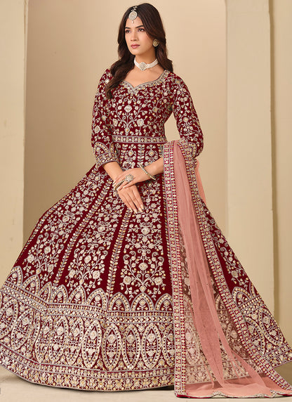 Maroon Velvet Embroidery Work Party Wear Gown With Dupatta SW496744