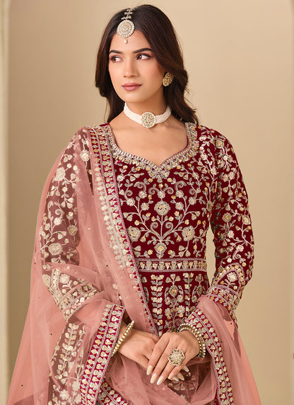 Maroon Velvet Embroidery Work Party Wear Gown With Dupatta SW496744