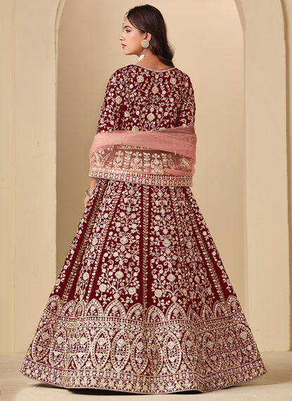 Maroon Velvet Embroidery Work Party Wear Gown With Dupatta SW496744
