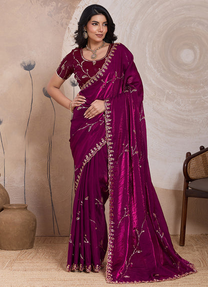 Maroon Velvet Satin Beads Work Party Wear Saree SW759551