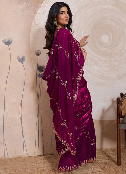 Maroon Velvet Satin Beads Work Party Wear Saree SW759551