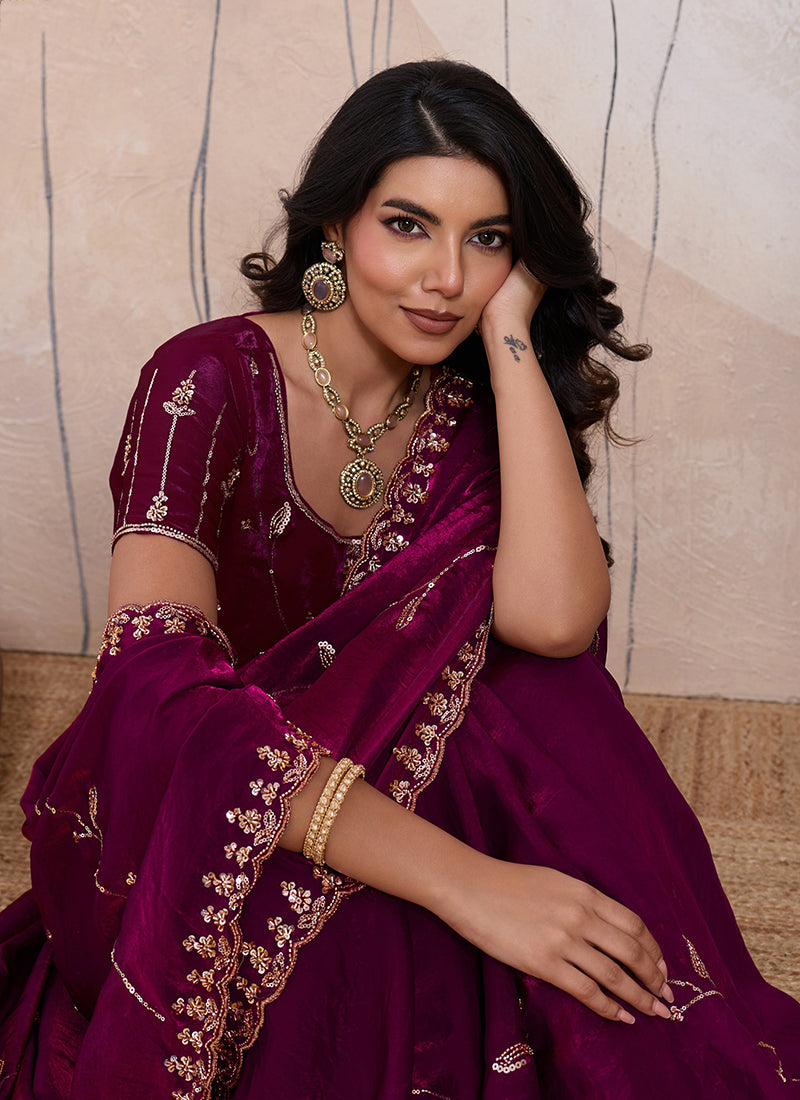 Maroon Velvet Satin Beads Work Party Wear Saree SW759551