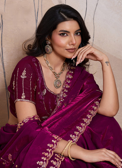 Maroon Velvet Satin Beads Work Party Wear Saree SW759551