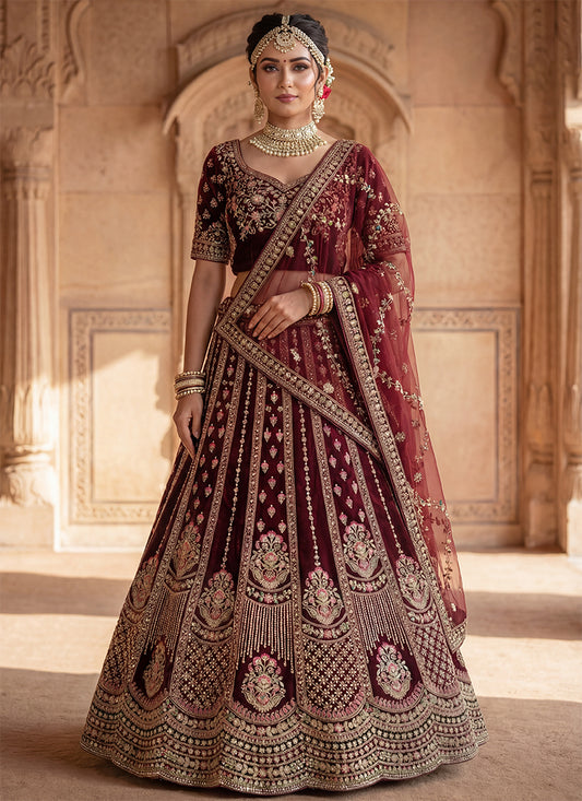 Maroon Velvet Embroidery Work Wedding Wear Lehenga Choli SW597318
