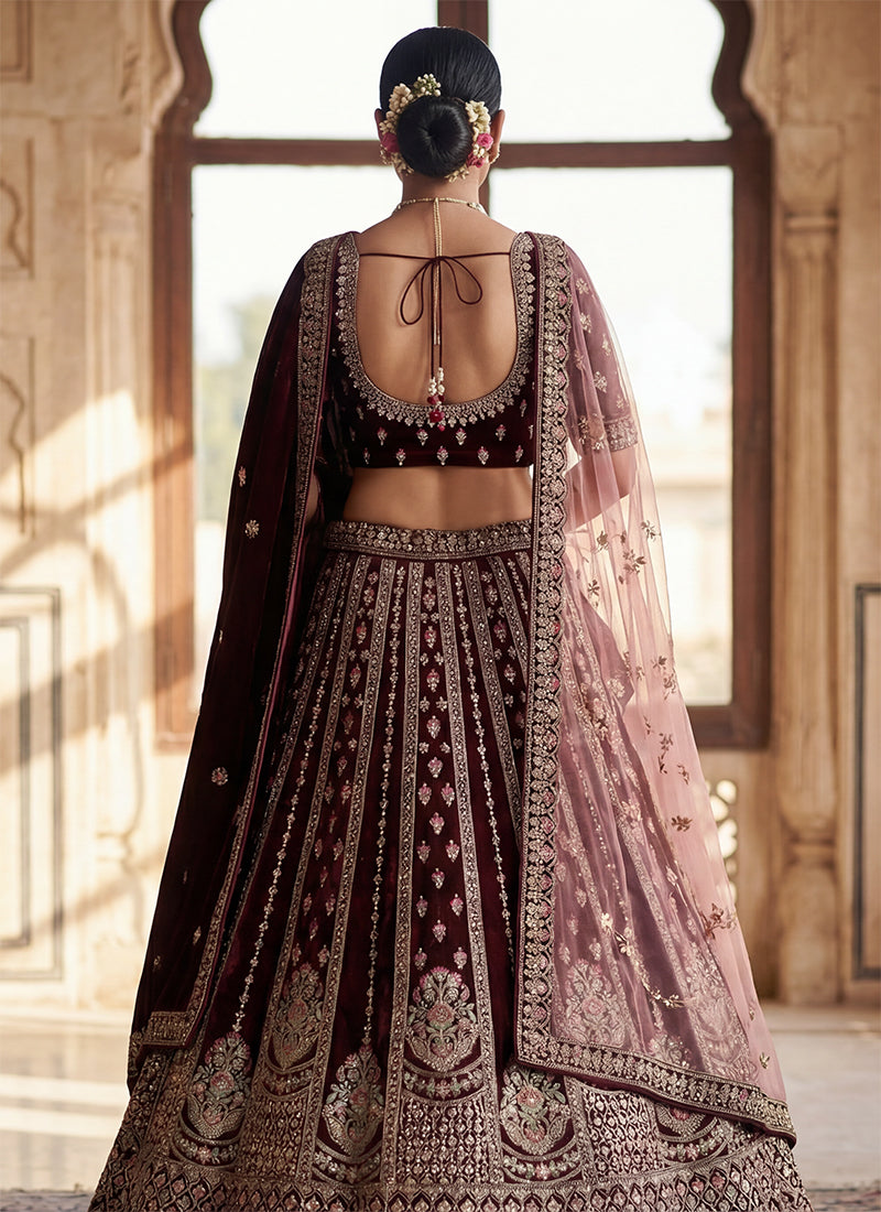 Maroon Velvet Embroidery Work Wedding Wear Lehenga Choli SW597318