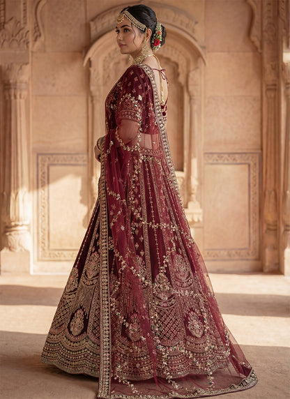 Maroon Velvet Embroidery Work Wedding Wear Lehenga Choli SW597318