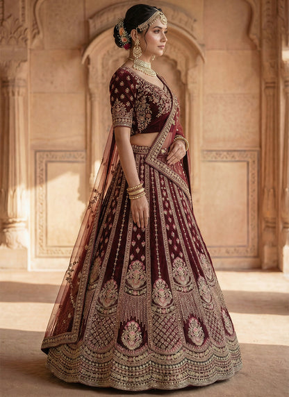 Maroon Velvet Embroidery Work Wedding Wear Lehenga Choli SW597318