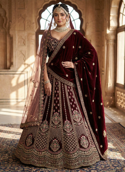 Maroon Velvet Embroidery Work Wedding Wear Lehenga Choli SW597318