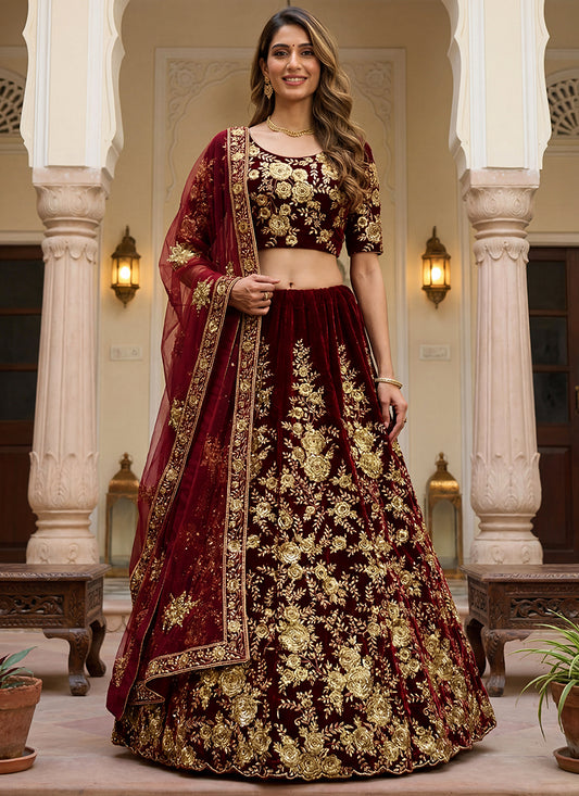 Velvet Maroon Wedding Wear Thread Work Lehenga Choli 390681