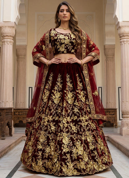 Velvet Maroon Wedding Wear Thread Work Lehenga Choli 390681