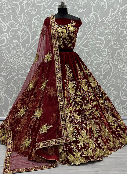 Velvet Maroon Wedding Wear Thread Work Lehenga Choli 390681