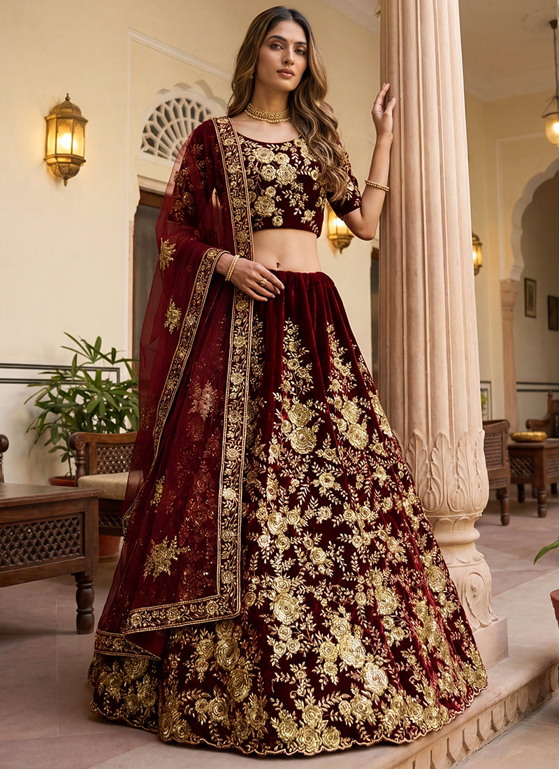 Velvet Maroon Wedding Wear Thread Work Lehenga Choli 390681