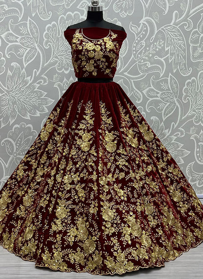 Velvet Maroon Wedding Wear Thread Work Lehenga Choli 390681