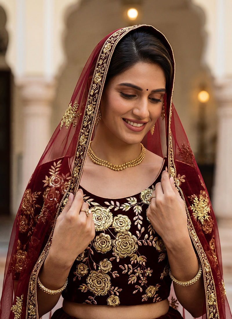 Velvet Maroon Wedding Wear Thread Work Lehenga Choli 390681
