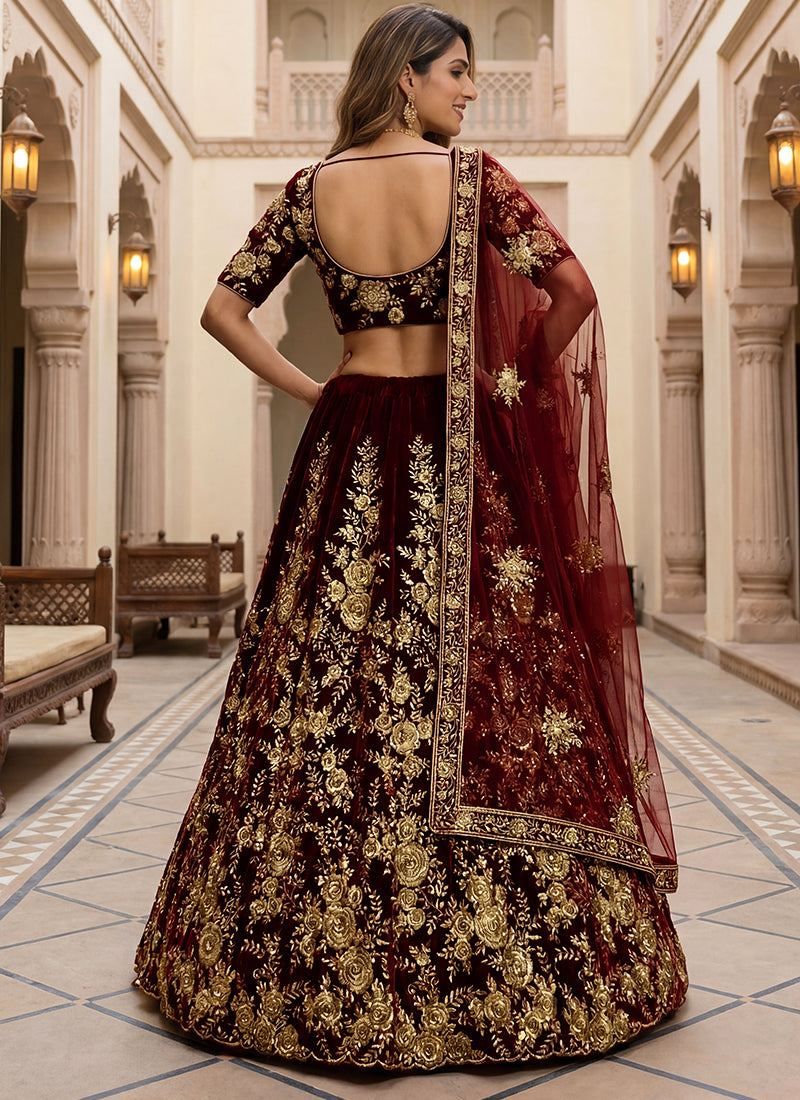Velvet Maroon Wedding Wear Thread Work Lehenga Choli 390681