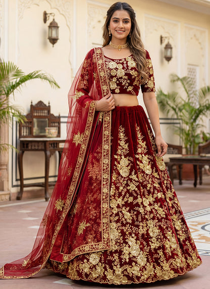 Velvet Maroon Wedding Wear Thread Work Lehenga Choli 390679