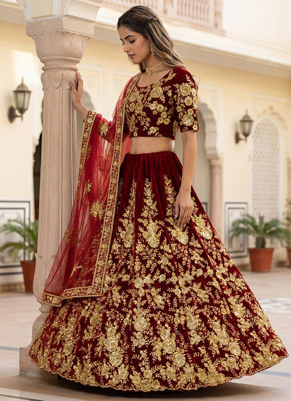 Velvet Maroon Wedding Wear Thread Work Lehenga Choli 390679