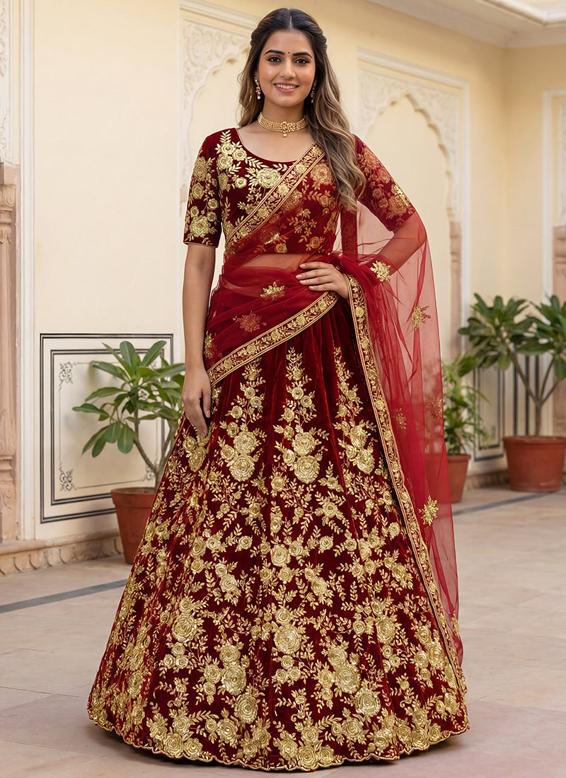 Velvet Maroon Wedding Wear Thread Work Lehenga Choli 390679