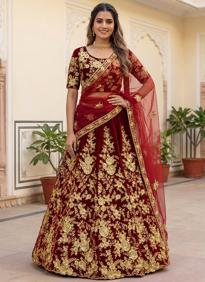 Velvet Maroon Wedding Wear Thread Work Lehenga Choli 390679