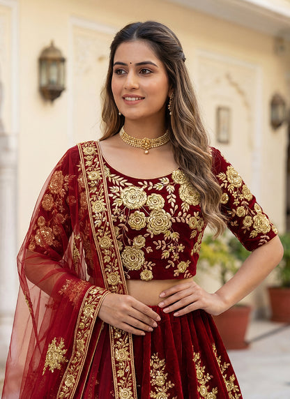Velvet Maroon Wedding Wear Thread Work Lehenga Choli 390679