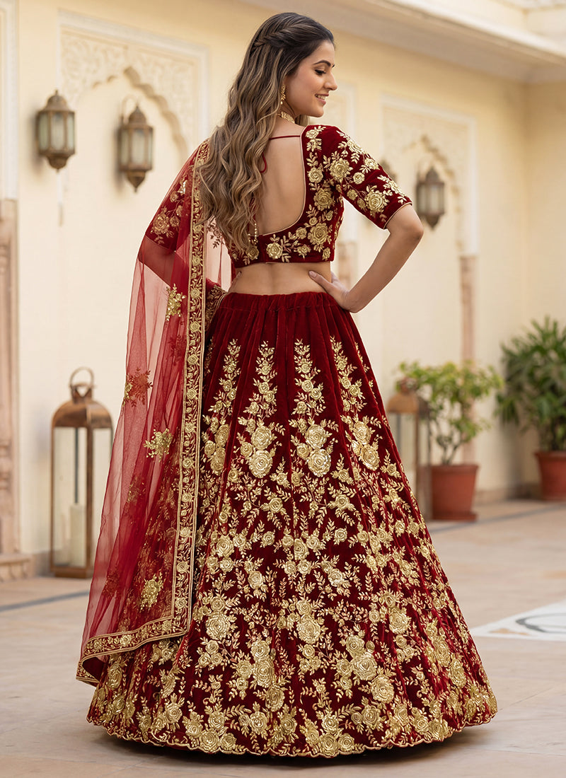 Velvet Maroon Wedding Wear Thread Work Lehenga Choli 390679