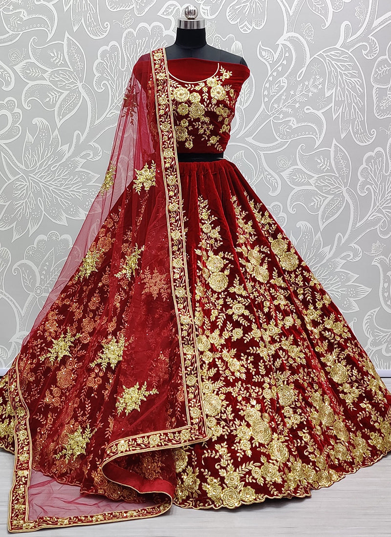 Velvet Maroon Wedding Wear Thread Work Lehenga Choli 390679