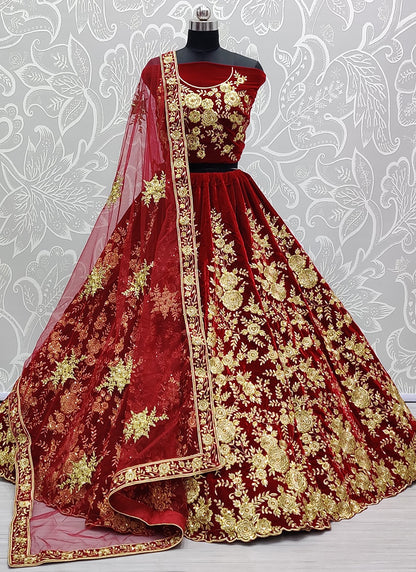 Velvet Maroon Wedding Wear Thread Work Lehenga Choli 390679