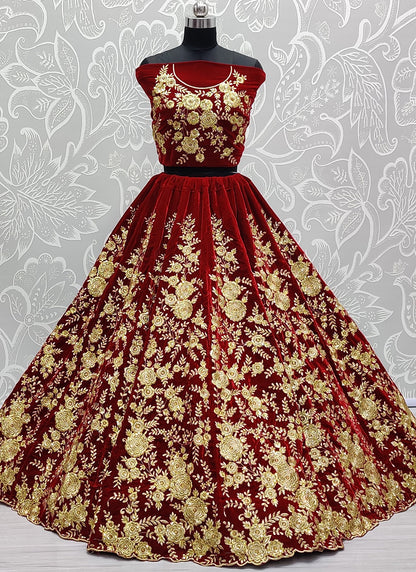 Velvet Maroon Wedding Wear Thread Work Lehenga Choli 390679
